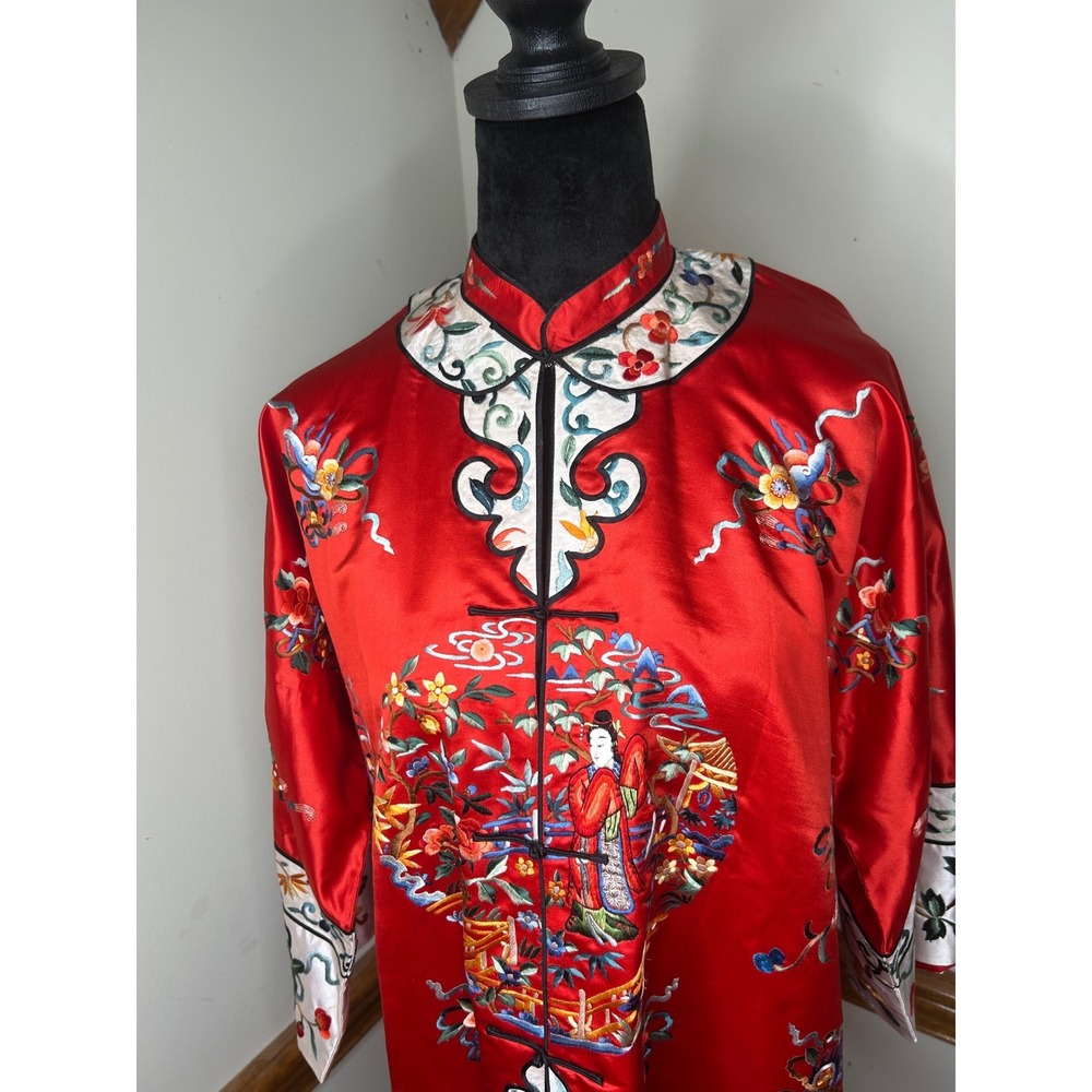 Vintage Chinese Silk Embroidered Robe Women Red Good Chinoiserie Duster Coat